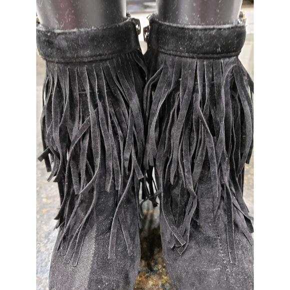 Forever Fringe Booties Women's 7.5 Black Suede Round Toe Stiletto Heel Side Zip - Picture 10 of 15